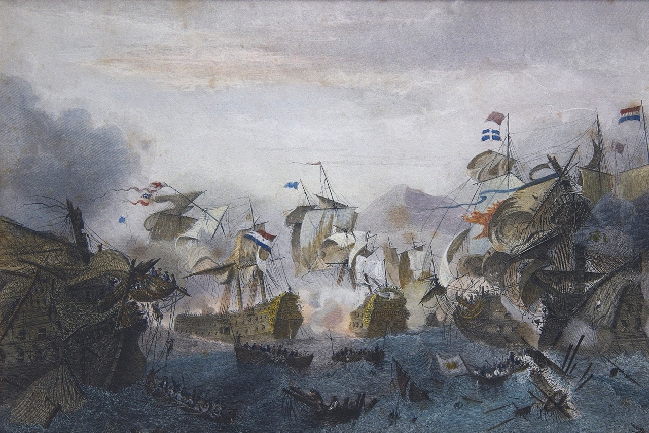 Zeeslag bij de Etna (Agosta) op 22 april 1676. Ingekleurde staalgravure in kleur door Edward Chavane naar het schilderij van Ambroise Louis Garneray (Particuliere collectie)